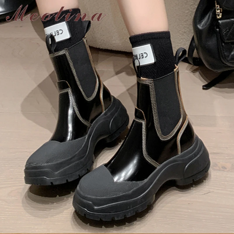 

Meotina Women Genuine Leather Ankle Boots Round Toe Platform Thick High Heels Chelsea Short Boots Ladies Shoes Autumn Winter 40