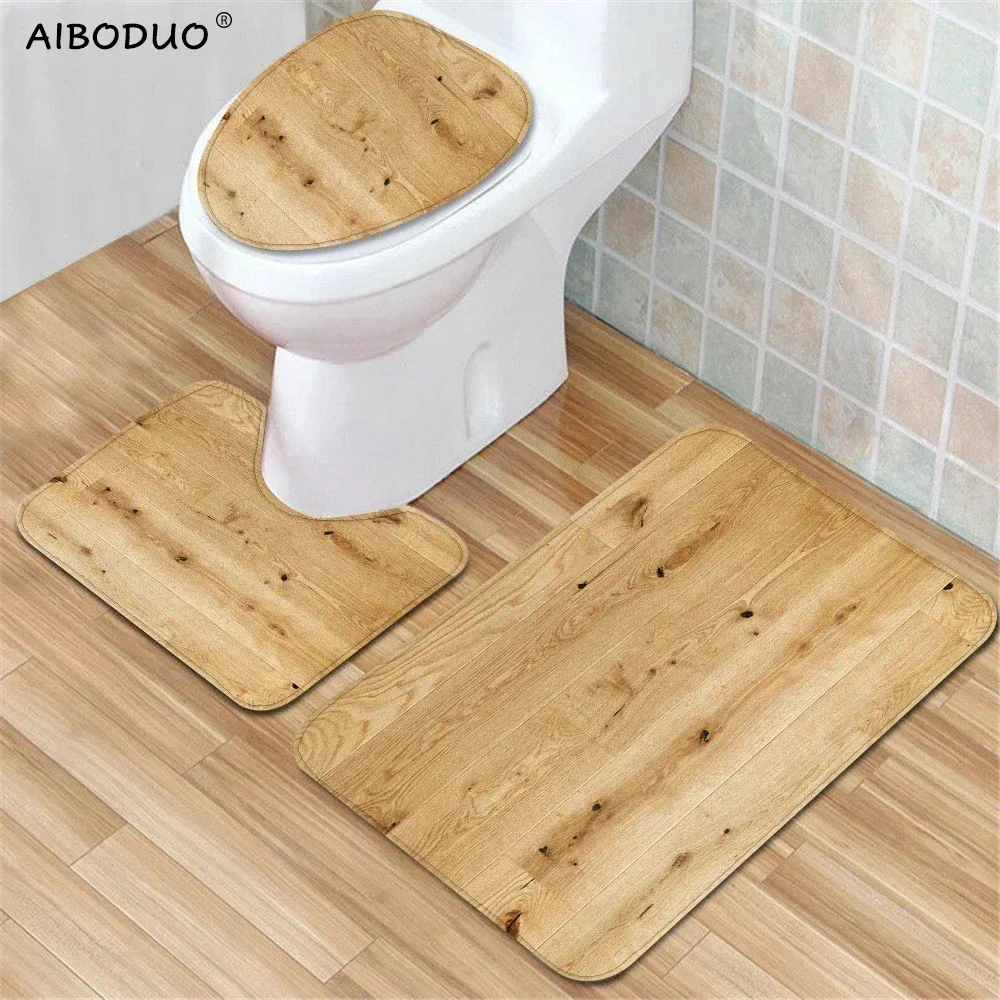 Toilet Mats 3 Piece Wood Texture Board Bathroom Accessories Set Entrance Door Pads Non-slip Carpet Bathtub Wc Floor Rug 40x60 Cm