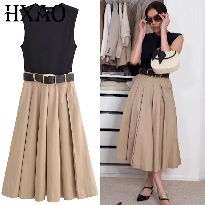 HXAO 2025 Woman Pleated Dress Women's Dress Summer O-Neck Sleeveless Long Dresses Patchwork Belt Vestidos Fashion Resort Dresses