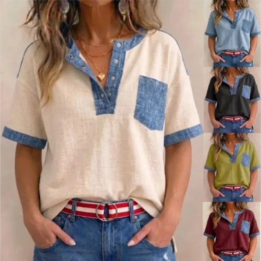 Women's Blouse V Neck Short Sleeve Women Shirts Button Front Blouses Patchwork Contrast Trim Top Denim Collar Blue Denim Accent