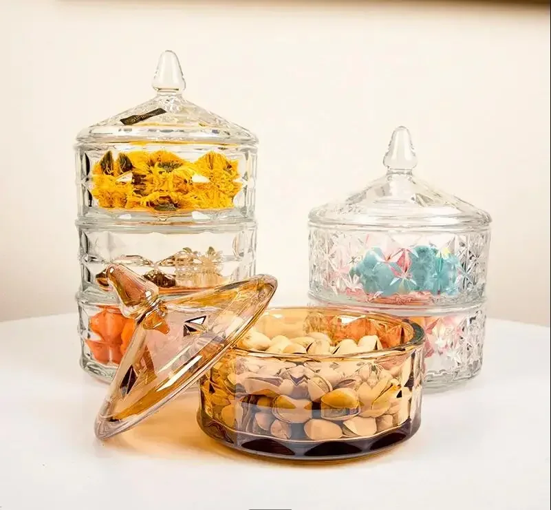 Multilayer Crystal Glass Candy Jar Transparent Storage with Lid European-style Home Kitchen Dried Fruit Snack Box