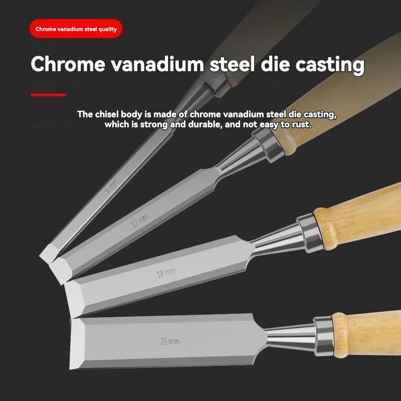 T 4Pcs Wood Chisels Tool Set Chrome-Vanadium Steel 6/12/18/25mm Carving Cutter for Woodcut Working Carpenter DIY Gadget Tool