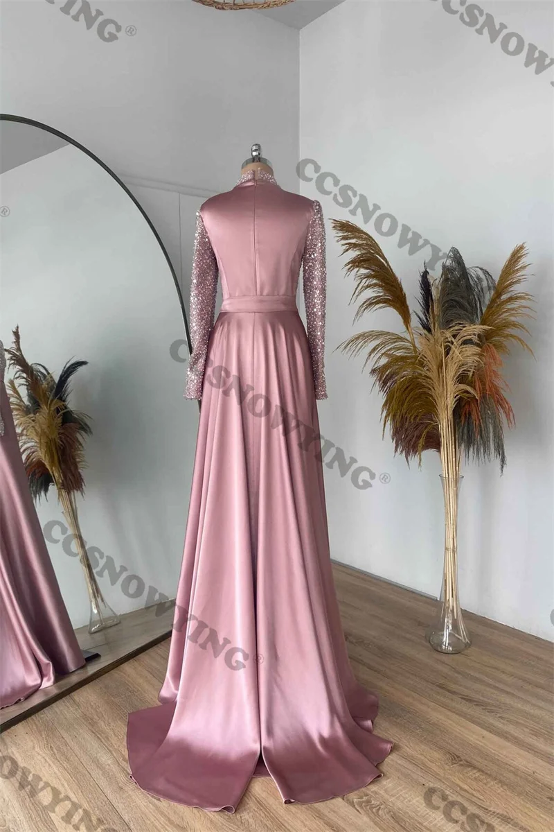 Satin Sequin Long Sleeve Muslim Evening Dresses Hijab High Neck Islamic Formal Party Gown Women Arabic Dubai Robe De Soiree