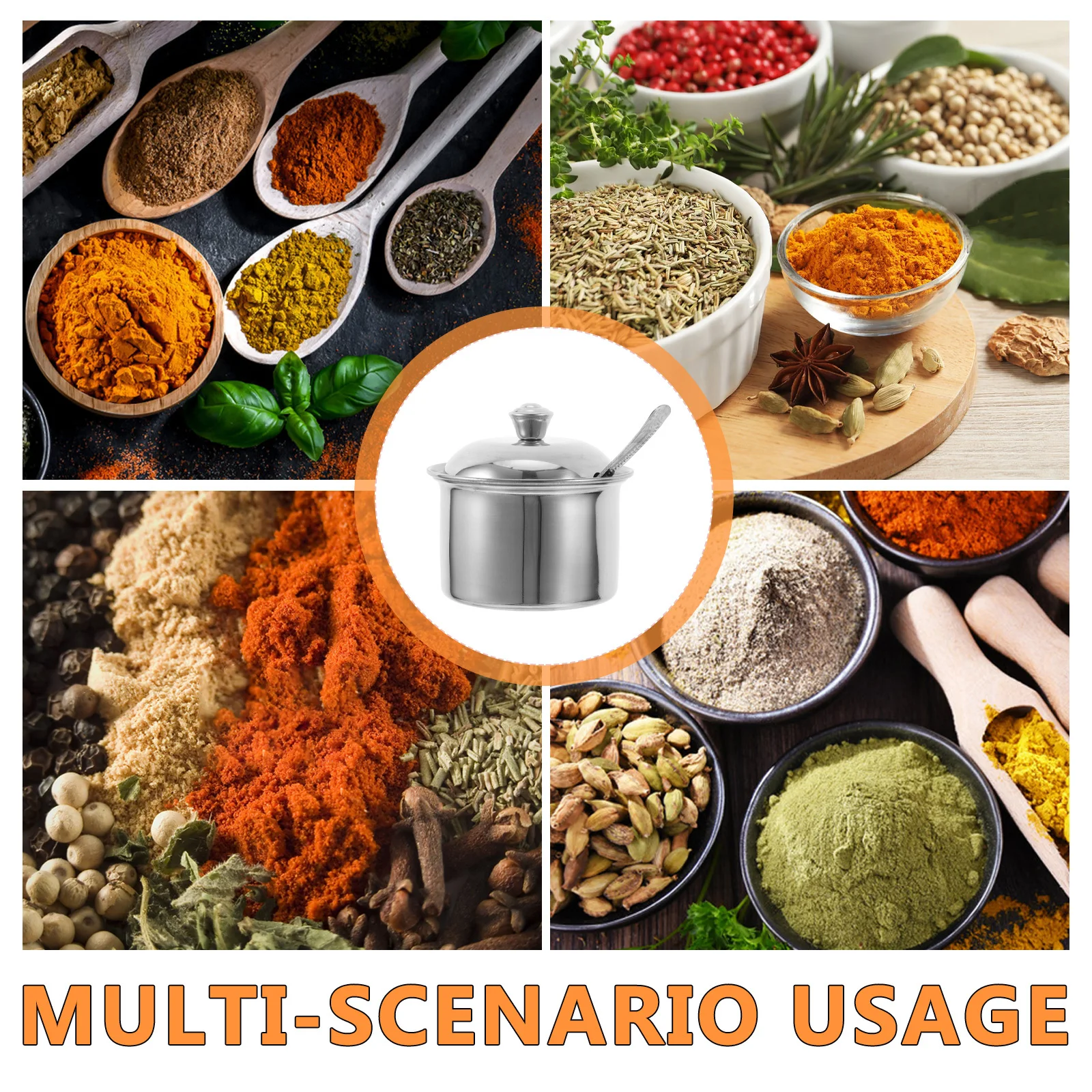 برطمان بهار من الفولاذ المقاوم للصدأ مع ملعقة وغطاء حاوية توابل محكمة الغلق لتخزين توابل المطبخ وعاء السكر مقاس M