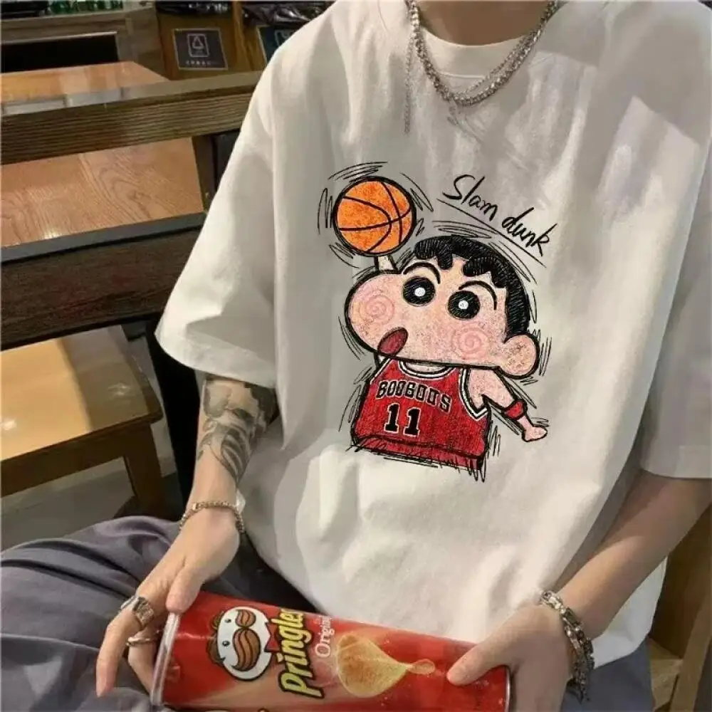 Funny Anime Shin-Chan Basketball Print T Shirt Men Women Oversized Cotton Tee Summer Casual