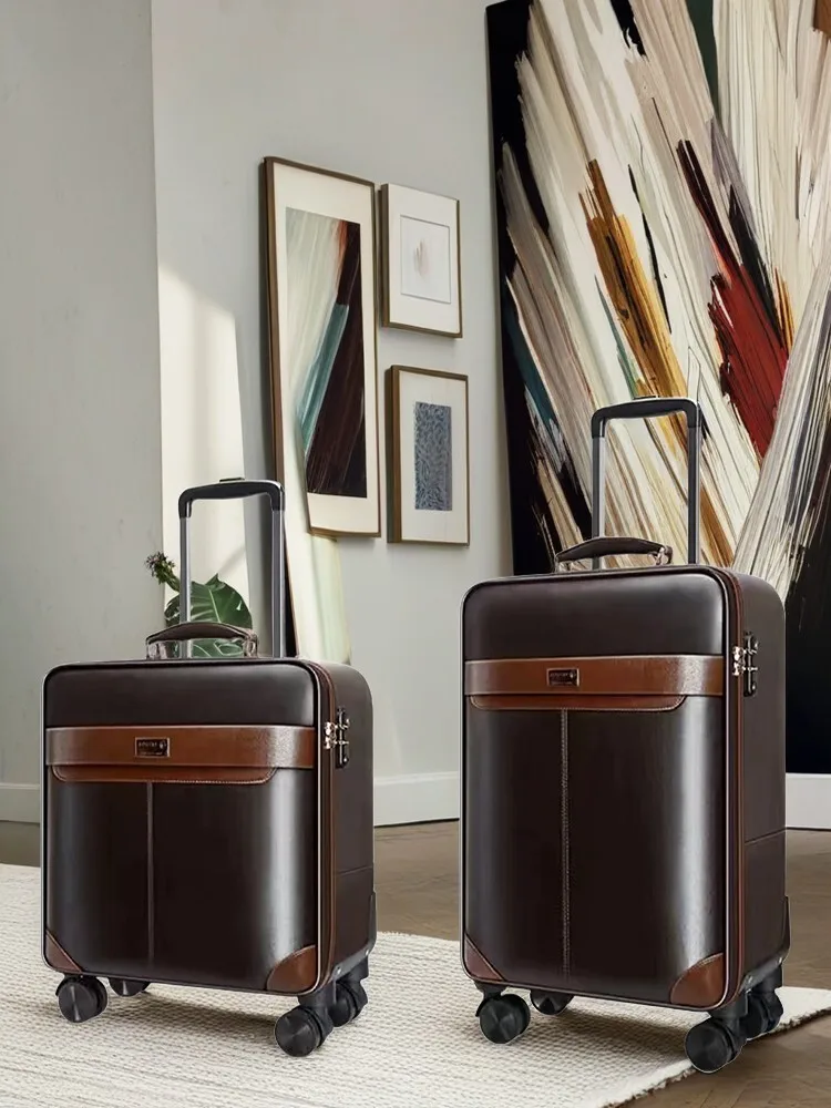 프리미엄 가죽 롤링 수하물 세트 스피너 24 인치 레트로 남성 비즈니스 휠 가방 20 인치 캐빈 암호 트롤리 가방