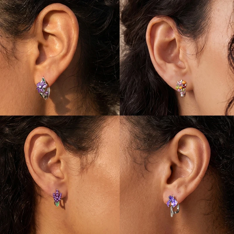 925 Sterling Silber Creolen Schmetterling Regenbogen Blume Tulpe Iris Lila Hängeohrringe Schmuck Geschenk für Frauen Mädchen – Detail 3