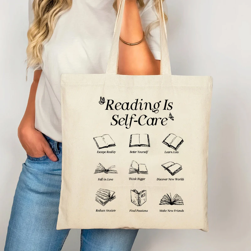 1pc Reading Is Self Care Print Tote Bag Women's Fashion Casual Handbag Reusable Canvas Shopping Bag Suitable for Daily Commute