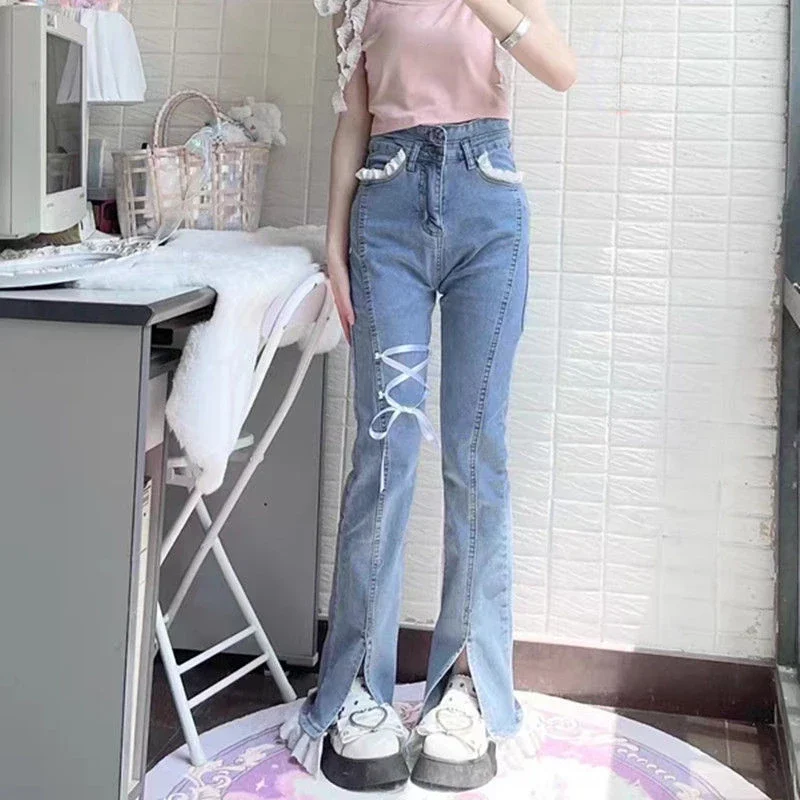 

Korean Fashion Slim Pants Women Lace Patchwork Bandage Sweet Denim Jeans Female High Waist Casual Capris Fairycore 2000s Grunge