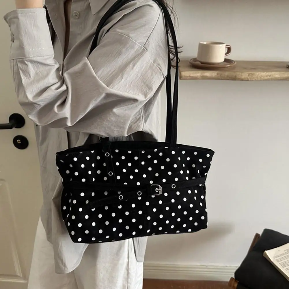 Damen-Tragetasche mit Polka-Dots, große Kapazität, Schulterhandtasche, Vintage, lässig, für Pendler und Einkäufe – Detail 11