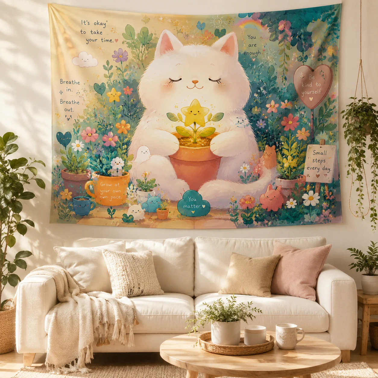 Cute White Cat Tapestry Kawaii Cottagecore Floral Garden Positive Quotes Wall Hanging Aesthetic Bedroom Dorm Room Decor