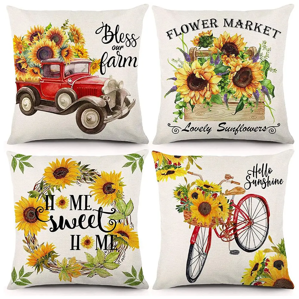 A74X-Farm Sunflower Pillow Covers 18X18 Inch Set Of 4 Summer Decorative Throw Pillowcase Farmhouse Decor For Home