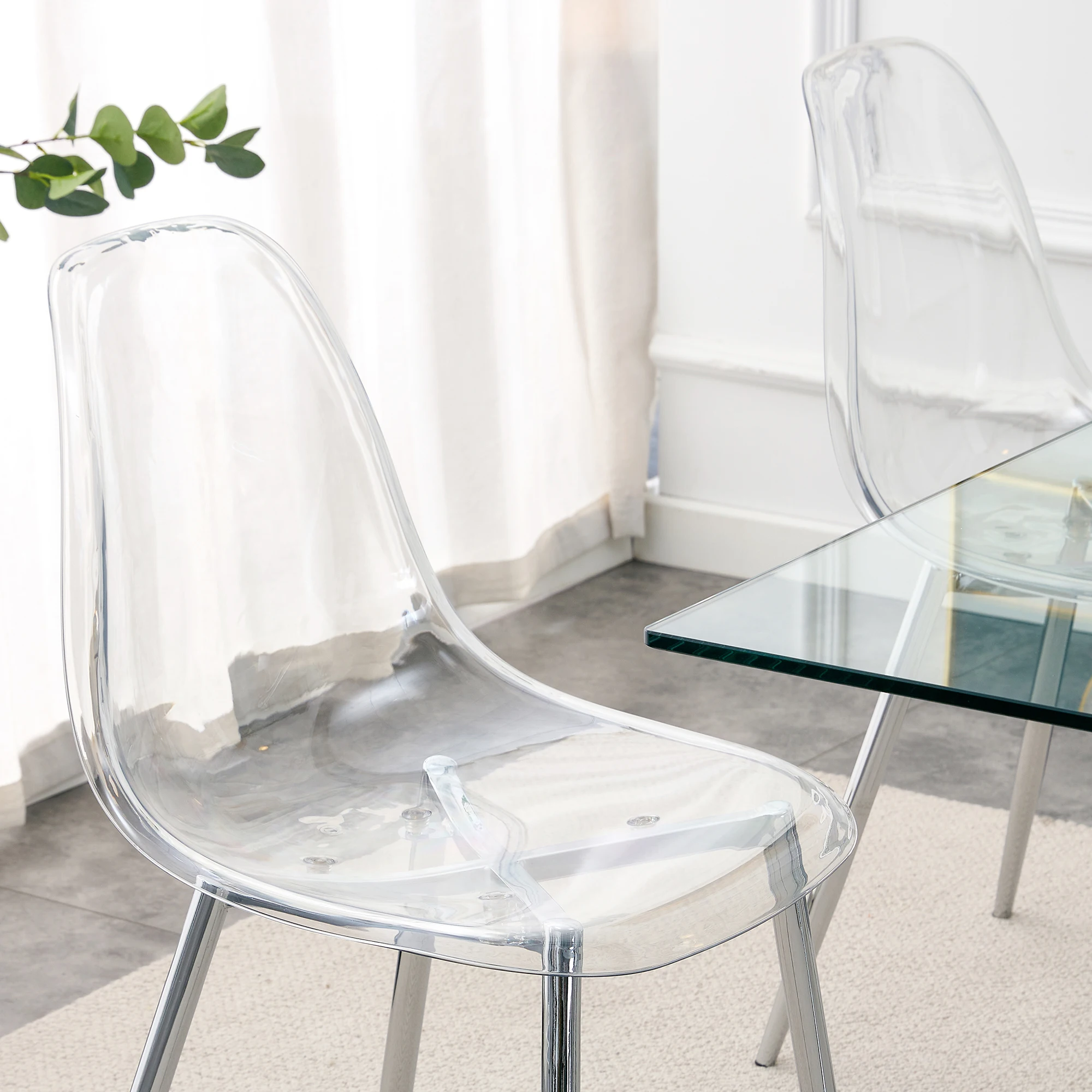 Modern Minimalist Transparent Plastic Armless Dining Chair Nordic Design Silver Plated Metal Legs 6-Piece Set Eco-Friendly Hotel