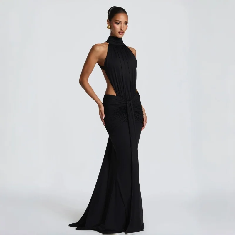 

2026 New Arrival Black Halter Neck Backless Evening Dress Elegant Waist-Cinching Mermaid Maxi Dress Birthday Prom Club Night