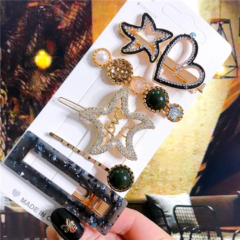 Fashion Simulation Pearl Hair Clips Set for Women 5PCS Korean Green Rhinestone Acetate Hairpins Girl Hair Accessories Jewelry