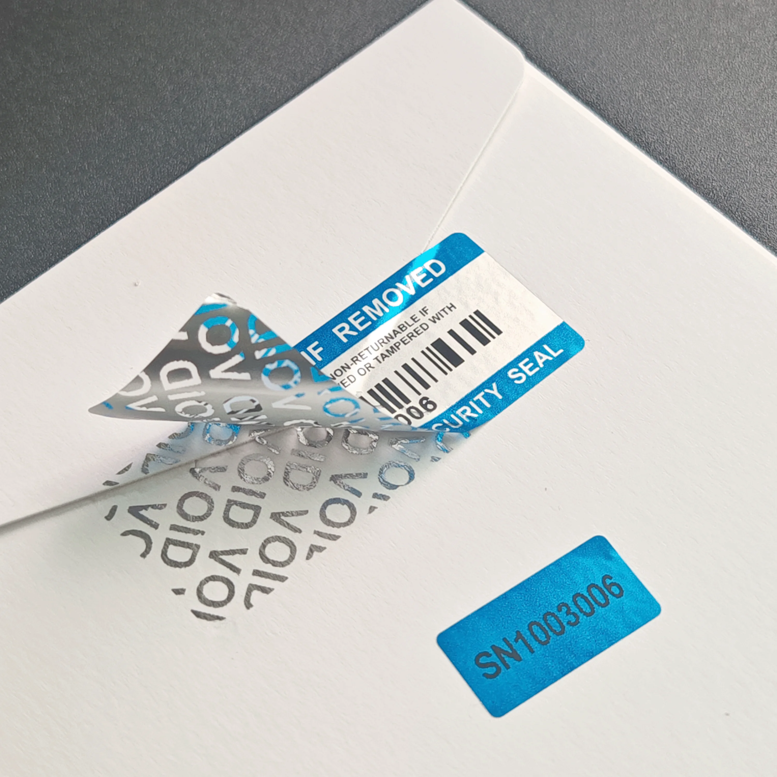 Matte Silver PET Void Tamper Evident Stickers Dual Serial Number Barcode Waterproof Warranty Void Security Labels - view 4
