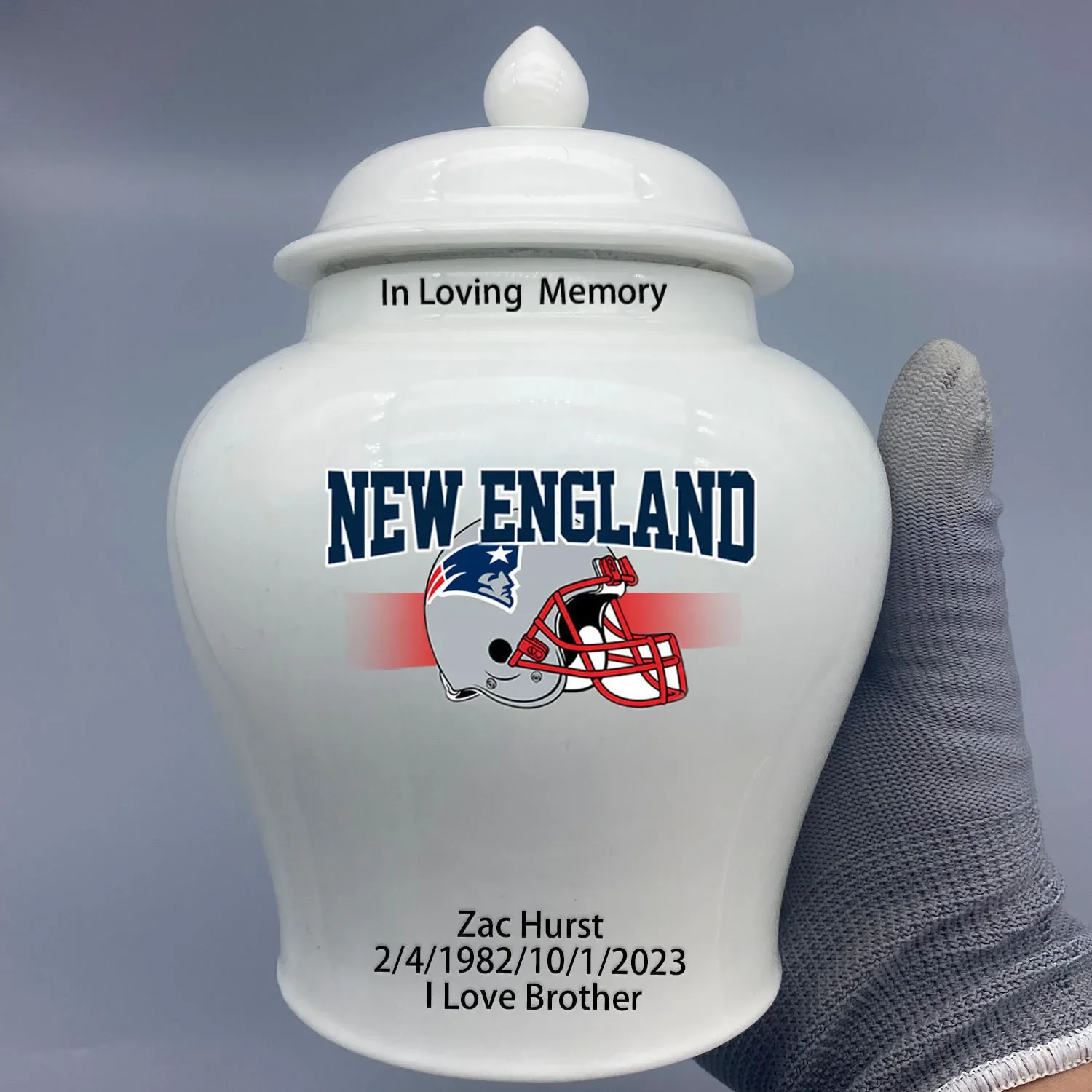 Medium Urn for New England Patriots-themed Logo Urn.Please send me the customize information-name/date and number on the urn