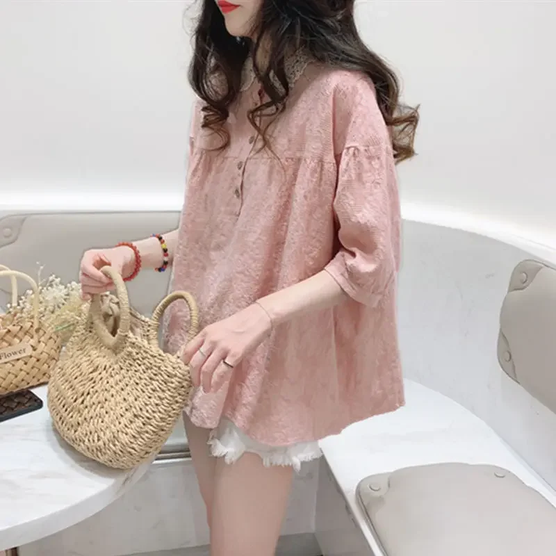 Sweet Blouse Women Summer Lantern Sleeve Maiden Peter Pan Collar Elegant Korean Style Vintage College Trendy Party Girls New