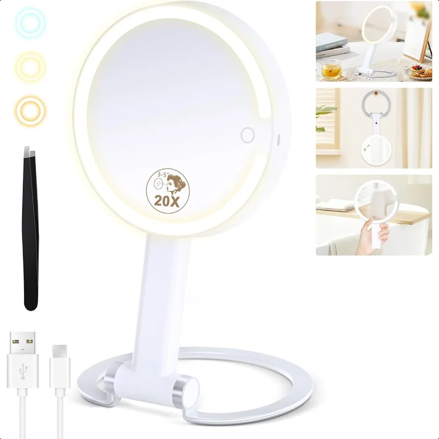 

Magnifying Mirror with Light 20X 1X Lighted Makeup Mirror with Magnification Make Up Mirrors Stand Up Double Sided Magnified Tr