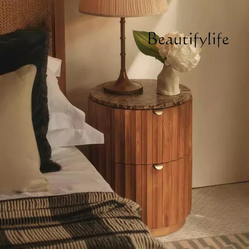 

yj7 Italian light luxury marble bedside table log medieval three pumping storage cabinet solid wood simple storage cabinet