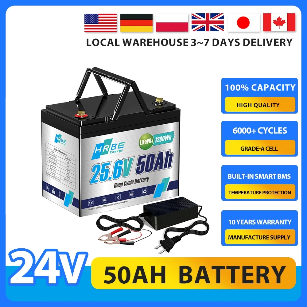 

24V 100Ah 150Ah 50Ah LiFePO4 Lithium Battery with charger,100A BMS Deep Cycle Rechargeable Battery Off-Grid,Home Power System,RV