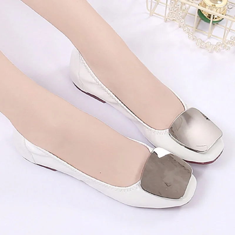 Woman Retro Spring Square Toe Cute Gold Mary Jane Comfortable Soft Soled Shoes Square Buckle Casual Flats Metal Female Loafers