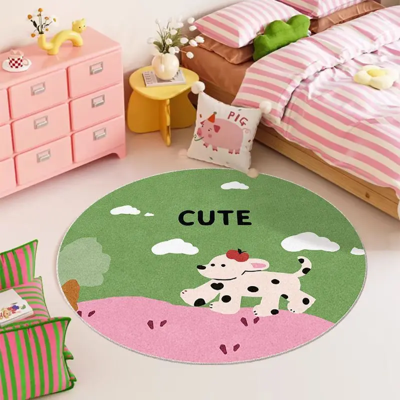 Cute Rabbit Girl Round Rug Colorful Dot Print NonSlip Floor Mat for Kids Room Nursery Bedroom Playroom Home Decor Rugs