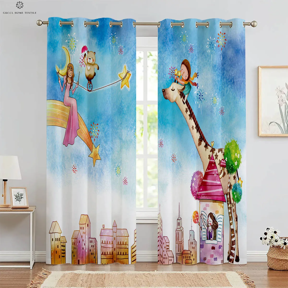 Cute Cartoon Animal Giraffe Dog Print Curtain Bedroom Living Room Study Children's Room Curtain Can Be Customized 2 Pieces