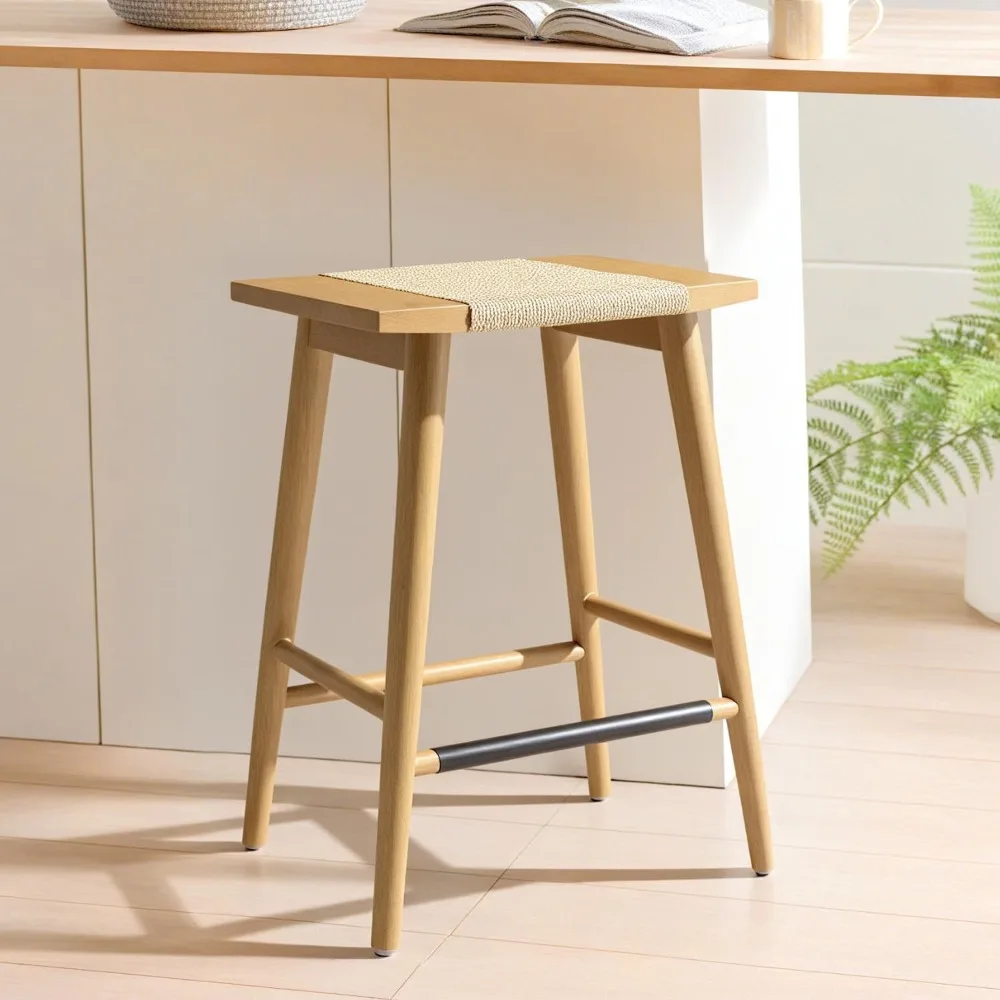 مقعد خشبي بارتفاع عداد من الخيزران مع حبل محبوك يدويًا، K/D، جزيرة بدون ظهر 24 مقعد خوص للمطبخ، صلب