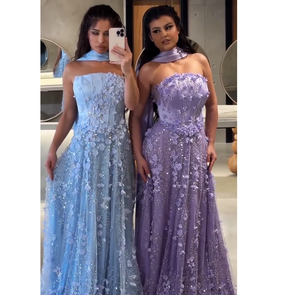 Robe de soirée trapèze élégante à fleurs 3D, avec châle, longue robe formelle de bal de mariage pour femmes, dubaï arabie 2025 personnalisée