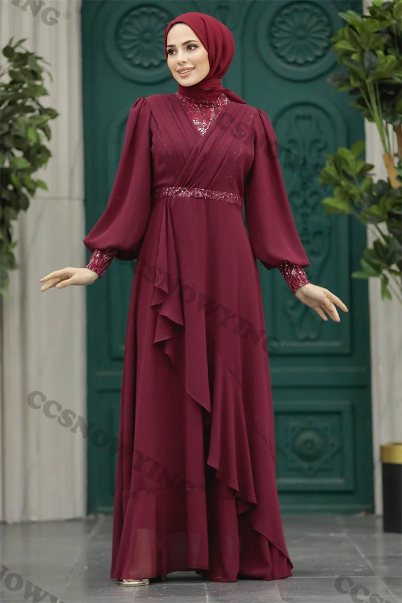 

Chiffon Appliques Beaded Hijab Evening Dresses Long Sleeve A Line Islamic Formal Party Gown Arabic Dubai Muslim Robe De Soiree