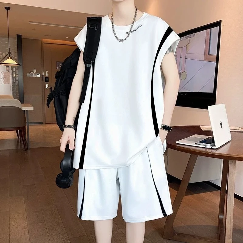 

Youth Men Sleeveless T Shirt Set Summer New Loose Versatile Student Sports Trendy Casual Two Piece Outfit