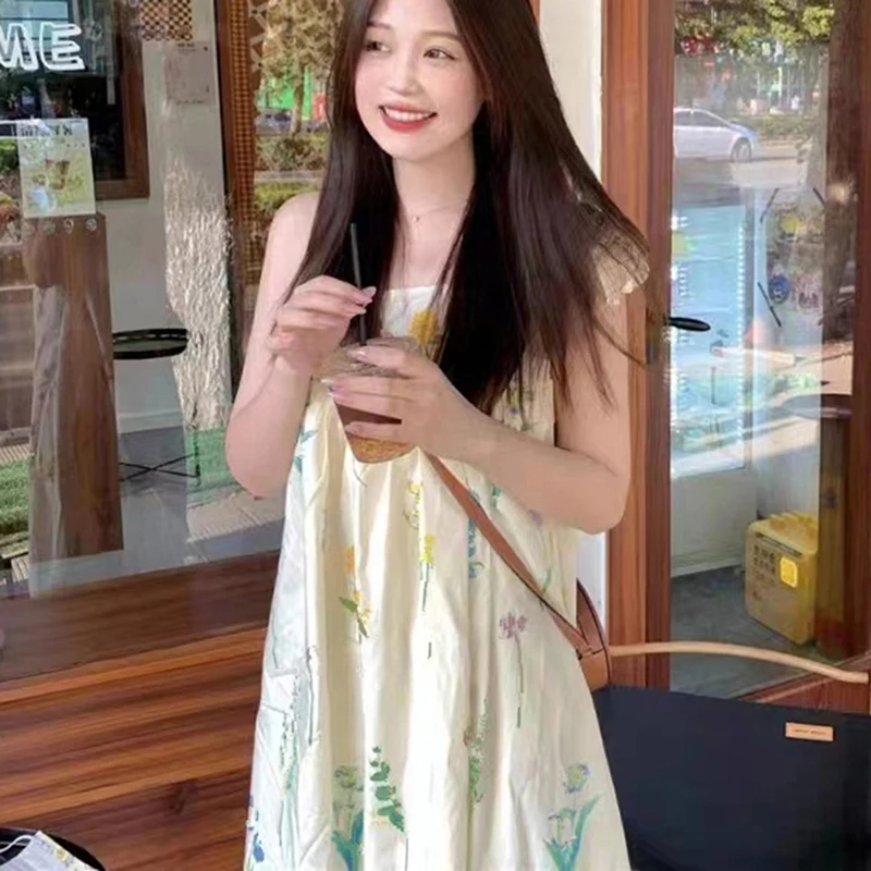 

Women Summer A-line Dresses Midi Lace-up Floral Spaghetti Strap Vacation Sweet Girls Korean Style