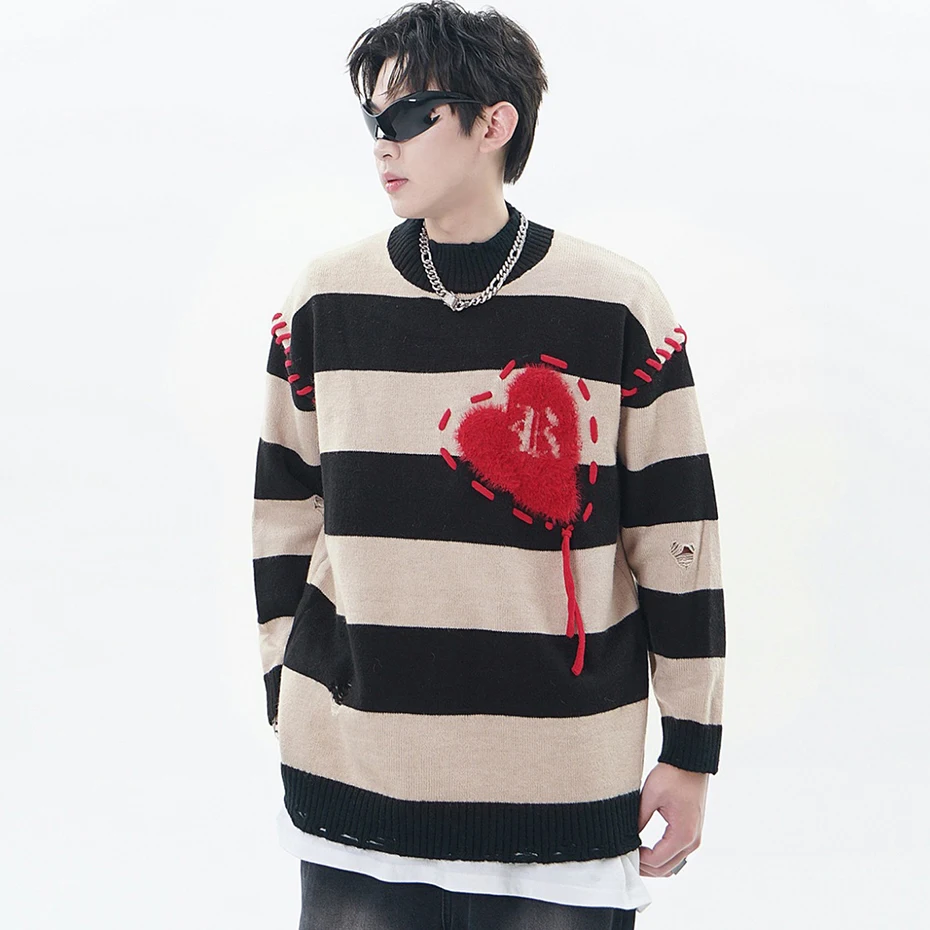 Hip Hop Oversize Knitted Pullover Sweater Men Women Black Striped Ripped Hole Sweaters Vintage Casual Jumpers Streetwear Autumn