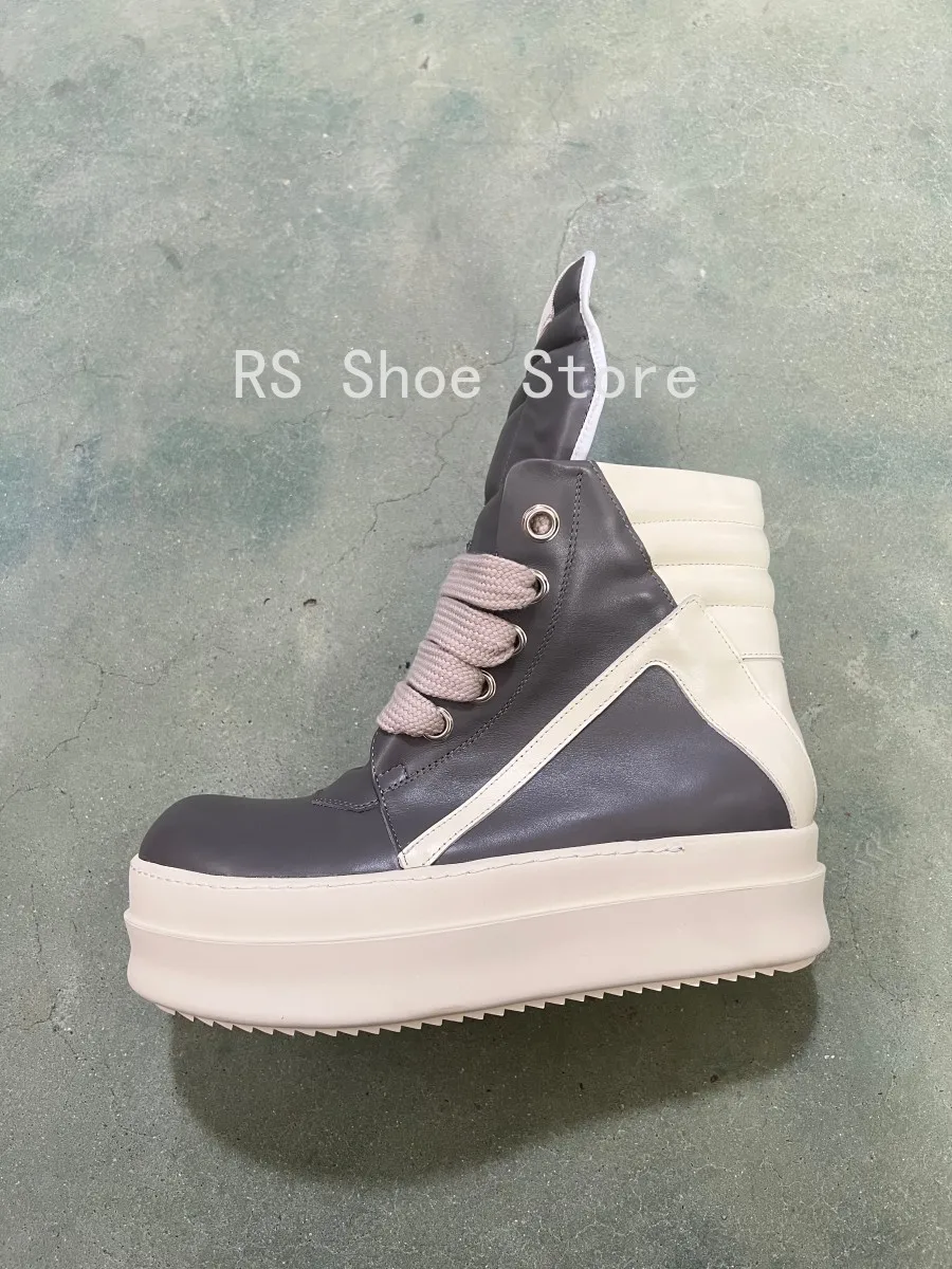 

Ro Designer Boots Men Sneaker Gray Women Grey Leather Ankle Boot Jumbo Laces Platform 6cm Thick Sole High Top Casual Shoe