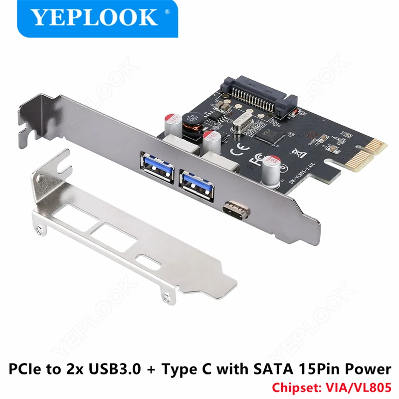 PCI-e 1x to 2x USB3.0 & Type C with SATA 15Pin Expansion Card USB 3.0 Type A+USB 3.1 Riser Card USB3.0 HUB Adapter VL806 Chipset