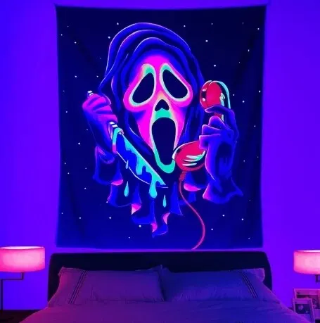 Neon UV reactive Halloween tapestry ghost face mobile knife design black light wall decoration, festive home decoration,reusable