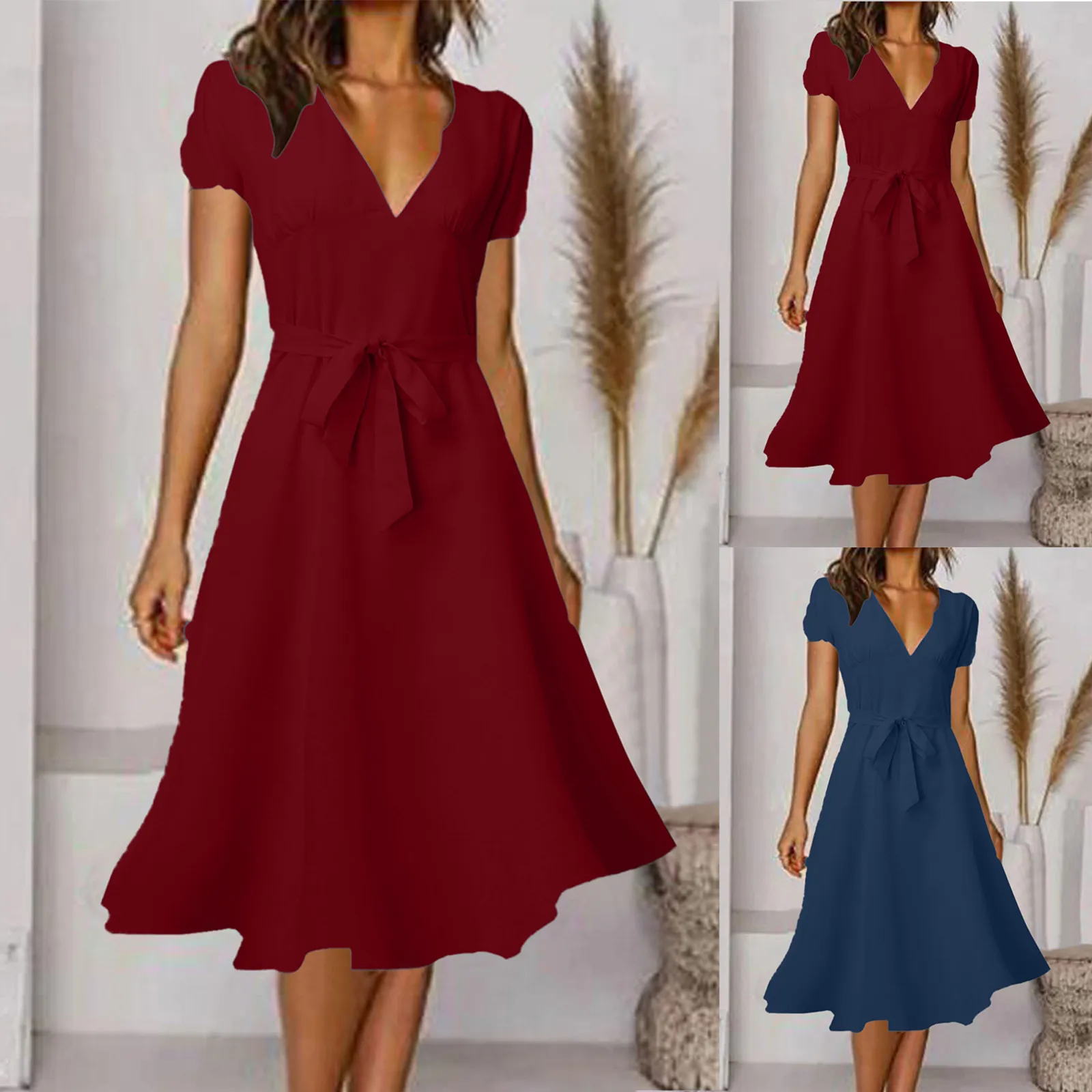 

Elegant A Line Midi Long Dress Short Sleeve V Neck Dress Vintage Solid Color Party Beach Holiday Mid Dresses For Women 2024