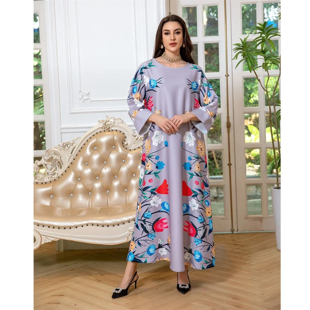 

Muslim Women Abaya Elegant Floral Print Beads Long Maxi Dress Turkey Eid Party Gown Kaftan Islamic Arab Femme Jalabiya Vestidos
