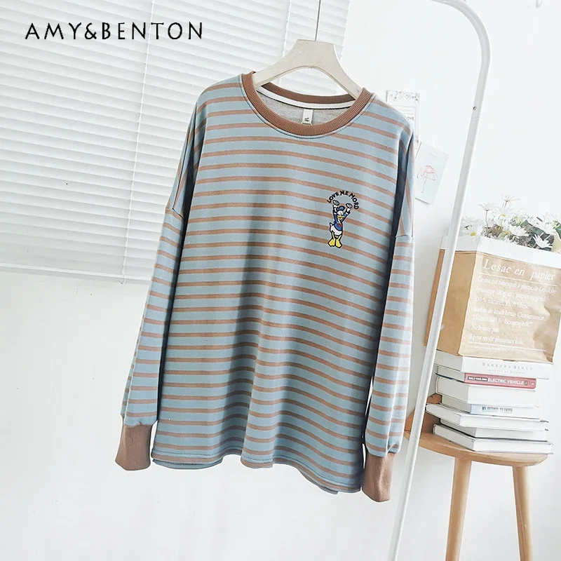  Women's Korean 2023 New Spring Autumn Front And Rear Embroidery Cartoon Brown Blue Stripes Sweatshirts Oversize Hoodie