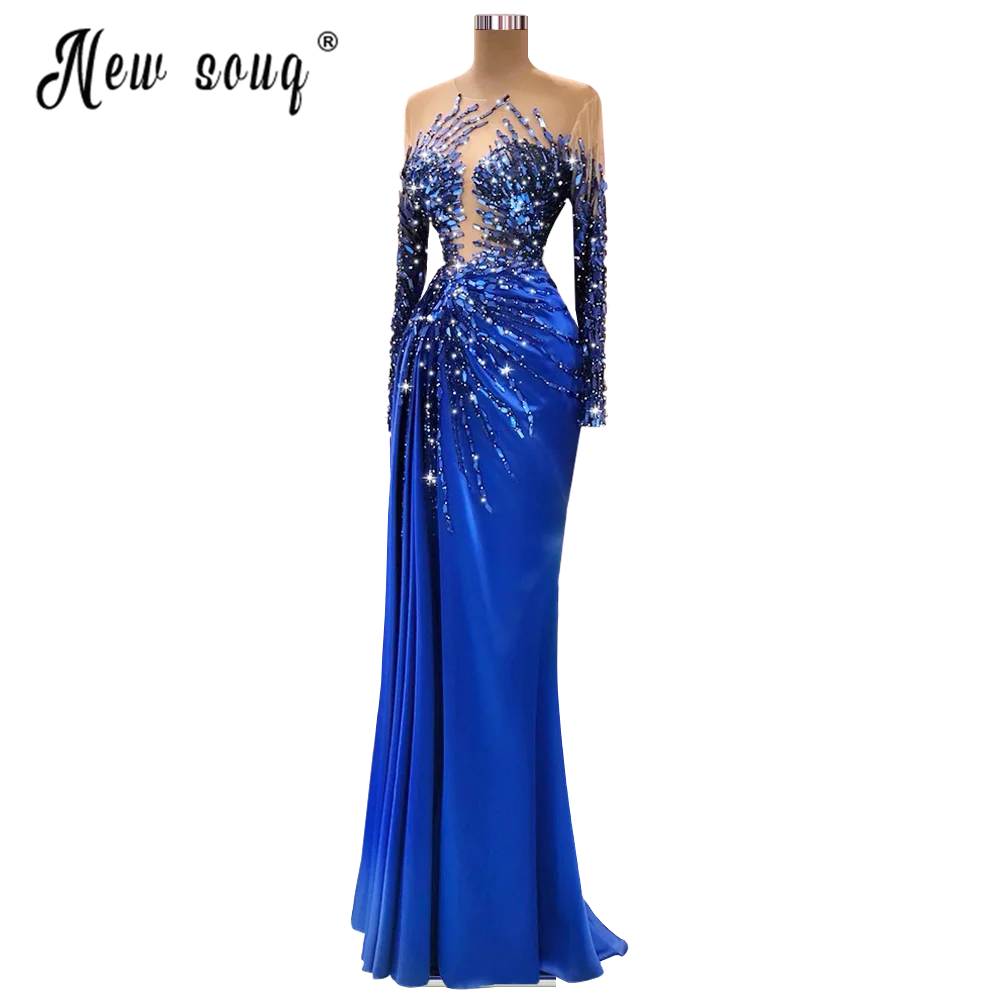 Royal Blue Sheer ชุดราตรียาวคอยาวคริสตัลลูกปัดซาตินปาร์ตี้ Prom Gowns แอฟริกัน Celebrity Dress Plus ขนาด DFF120