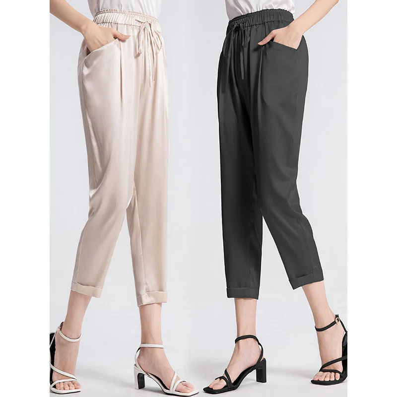 

Birdsky, 1PC Women harem trousers pants calf pant drawtring elastic high waist 95% real mulberry silk 5% spandex 2 colors, S-945