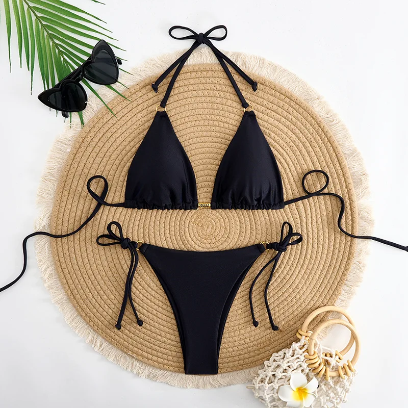 Sexy Women Thong Solid Color Bikini Set Side Halter Tie Swimsuit Ladies Strap Adjustable Brazilian Swimwear Beachwear Black