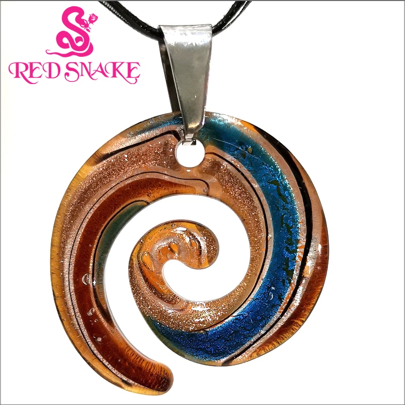 

RED SNAKE Murano Glass Brown and blue Multi Color Abstract Nebula Corkscrew Spin Round Pendant Necklaces