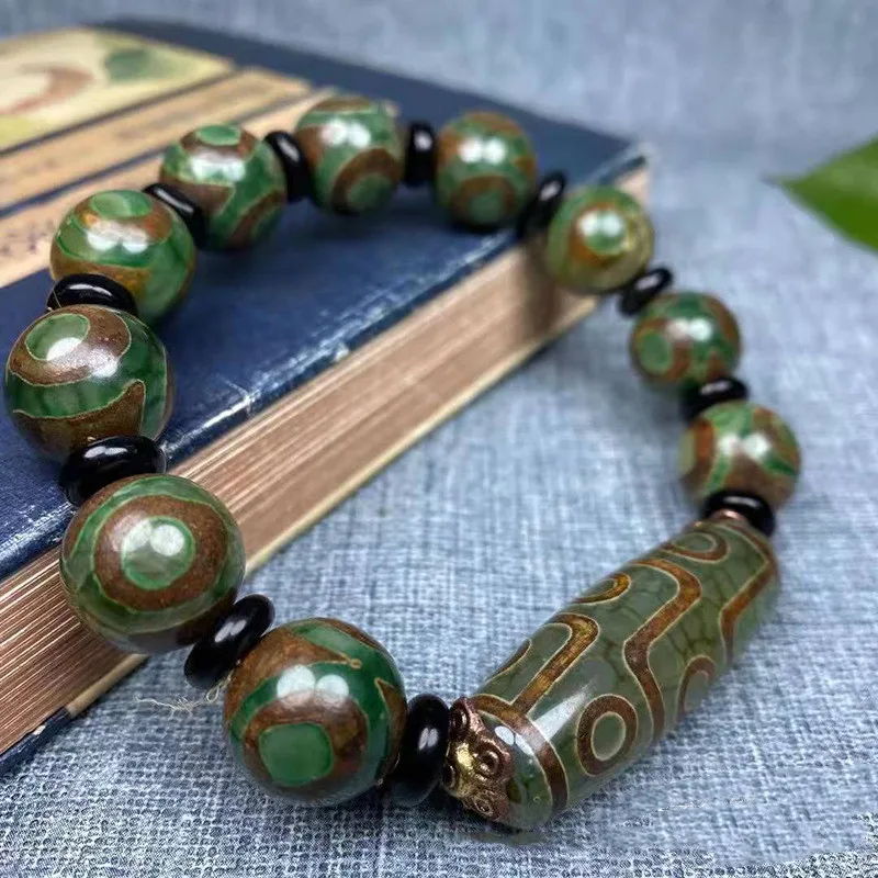 Natural Old Tibetan Agate Green Three-eyed Dzi Beads with Nine-eyed Dzi Bead Bracelet Retro Ethnic Wild Bracelets