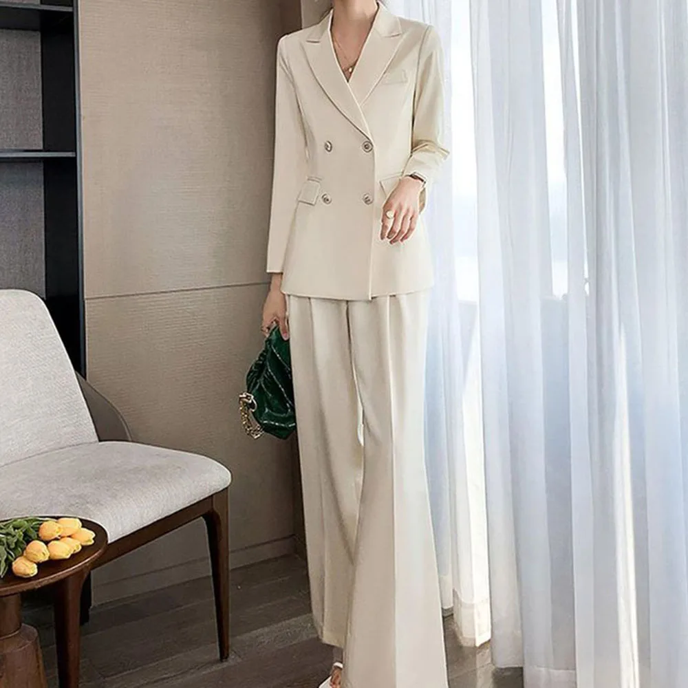 

New Arrival Beige Suits for Women Double Breasted 2 Pieces Jacket Pants Female Clothing Slim Fit Office Lady's Blazers Sets