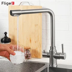 Grifos de cocina con filtro Fliger, mezclador de fregadero de acero inoxidable, purificación de agua potable, Torneira