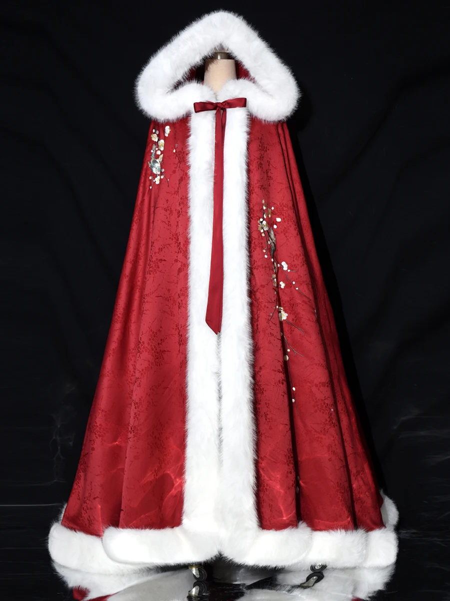 

Пальто оверсайз с капюшоном и воротником из красного меха, с цветочной вышивкой, из атласной ткани, без рукавов, для Нового года, для повседневной носки, теплое