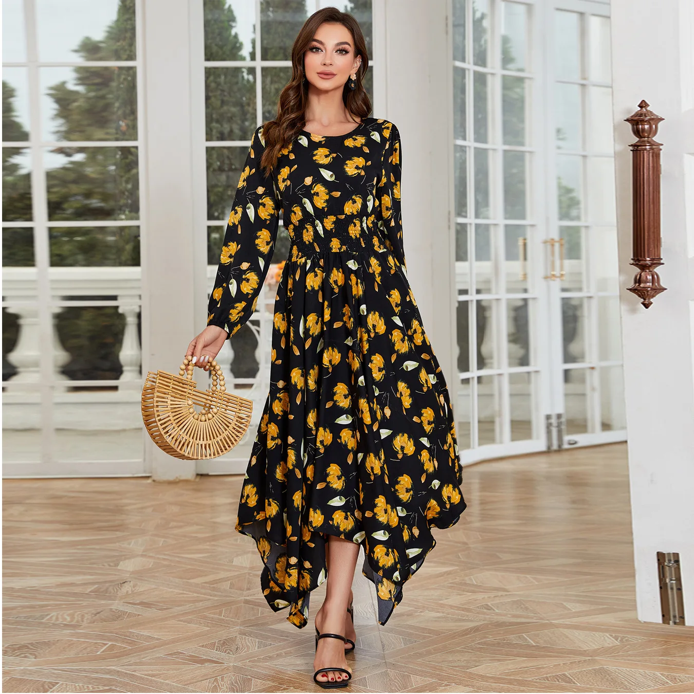 

6586 Women's Elegant Spring, Summer, Autumn Simple Slim Fit Irregular Floral Print Elastic Waist Dress Islam Elegant