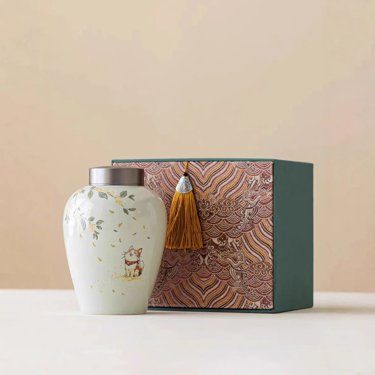 HYS grass ash cute osmanthus cat double-layer tin cover moisture-proof sealed tea can ceramic household access bulk empty jar